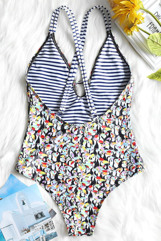 Penguin Print Deep V One-piece Swimsuit