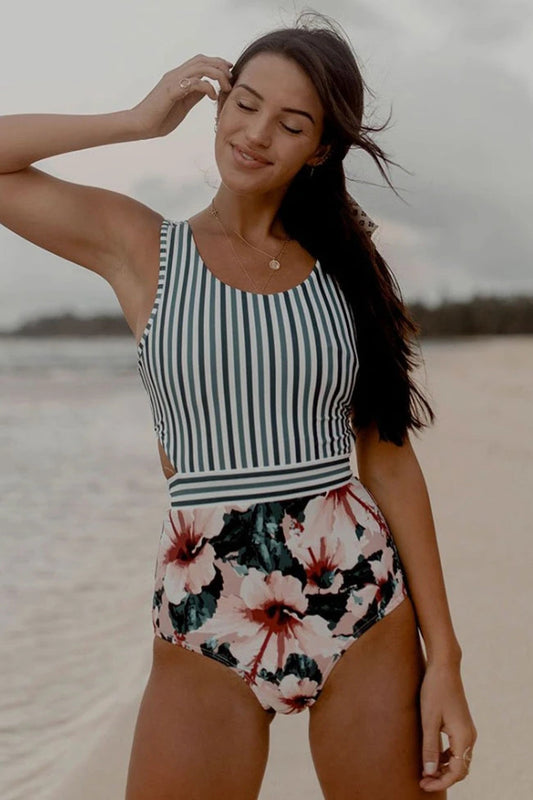 STRIPED BLOOMING FLORAL TIE STRAPS BACK ONE PIECE SWIMSUIT