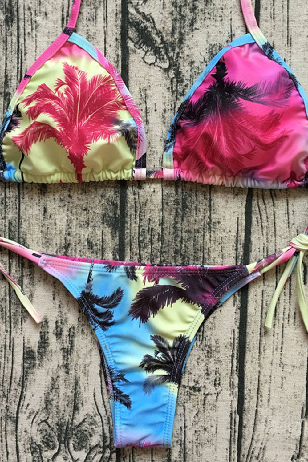 PALM TREE TIE STRING THONG SLIDE TRIANGLE BIKINI SWIMSUIT