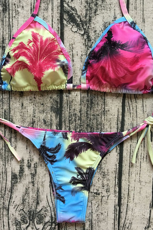 PALM TREE TIE STRING THONG SLIDE TRIANGLE BIKINI SWIMSUIT