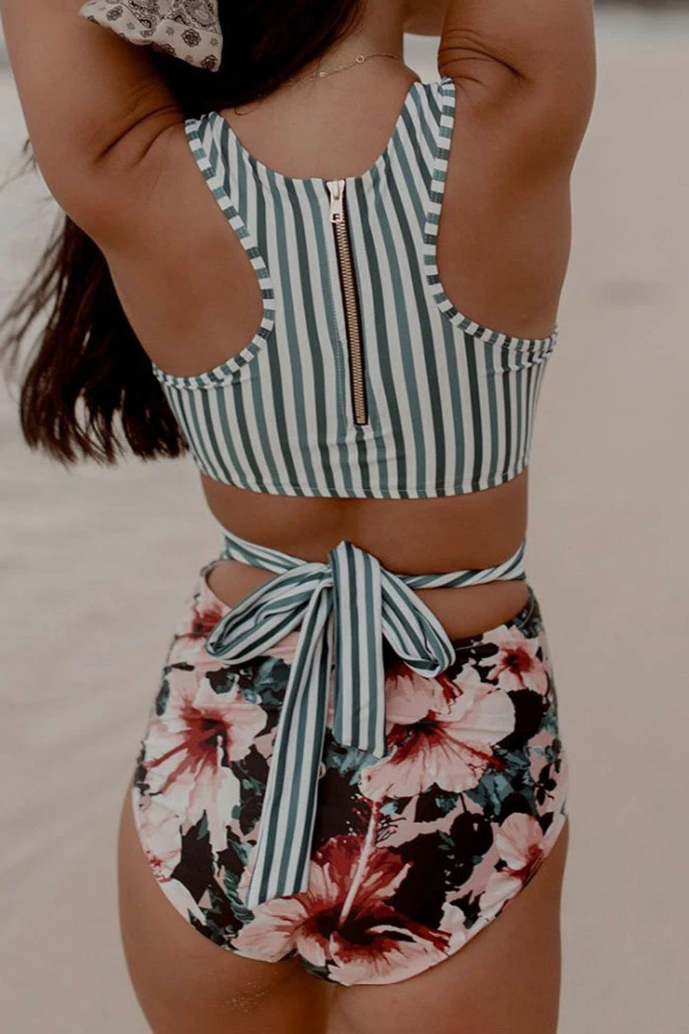STRIPED BLOOMING FLORAL TIE STRAPS BACK ONE PIECE SWIMSUIT