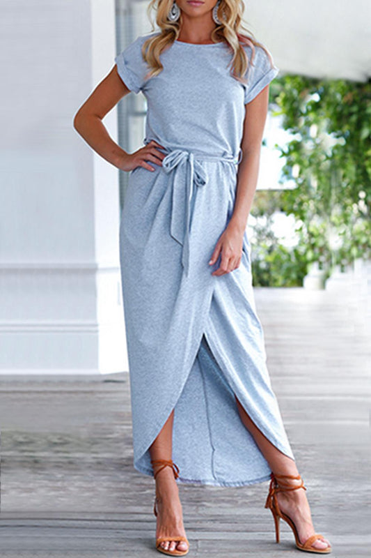 Iyasson Solid Color Front-Slit Faux Wrap Dress