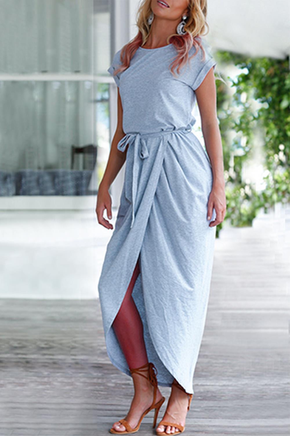Iyasson Solid Color Front-Slit Faux Wrap Dress