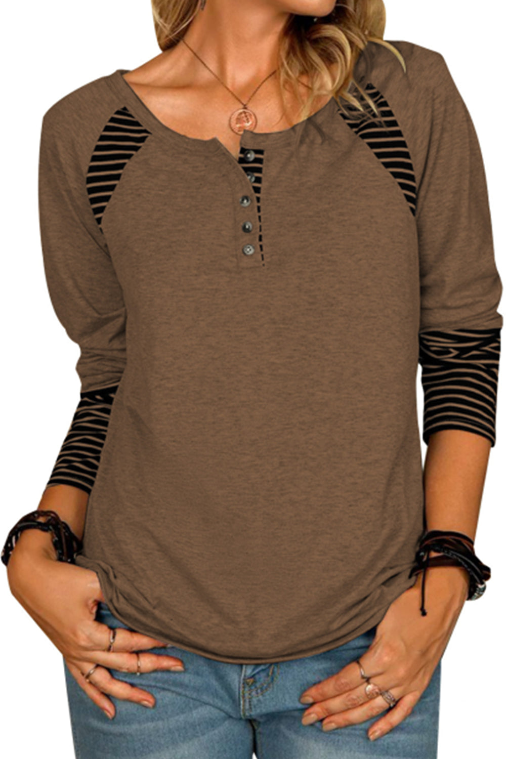 Women's Long Sleeve Printed Striped Casual T-Shirt Top