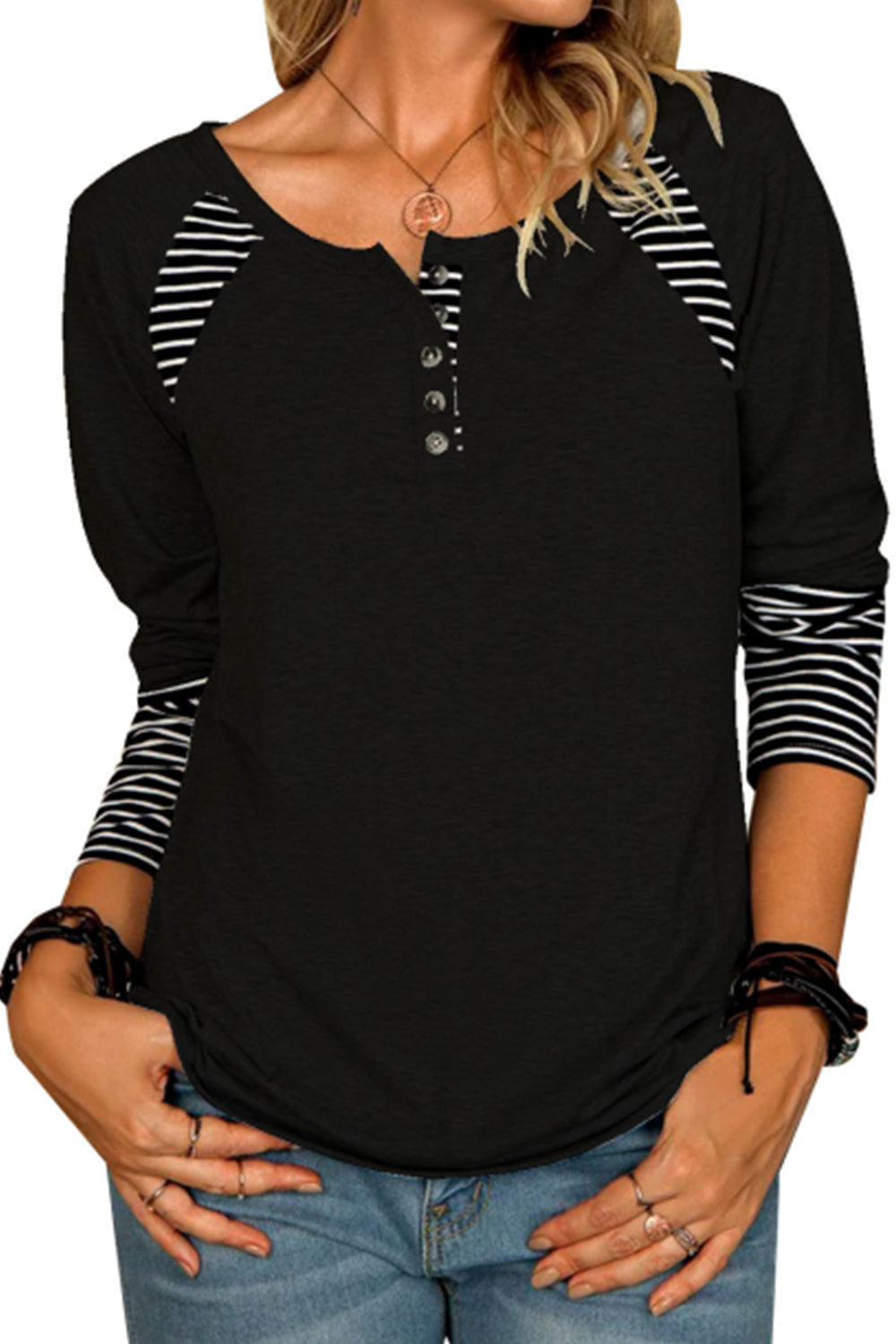 Women's Long Sleeve Printed Striped Casual T-Shirt Top