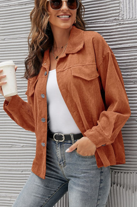 Women Corduroy Shirt Lapel Long Sleeve Casual Jacket