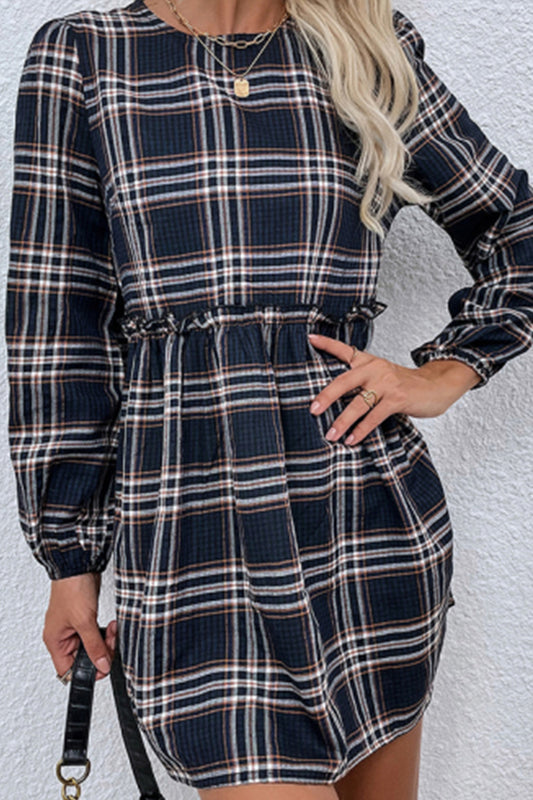 Plaid Casual Loose Long Sleeve Waist Pleated Women Dress