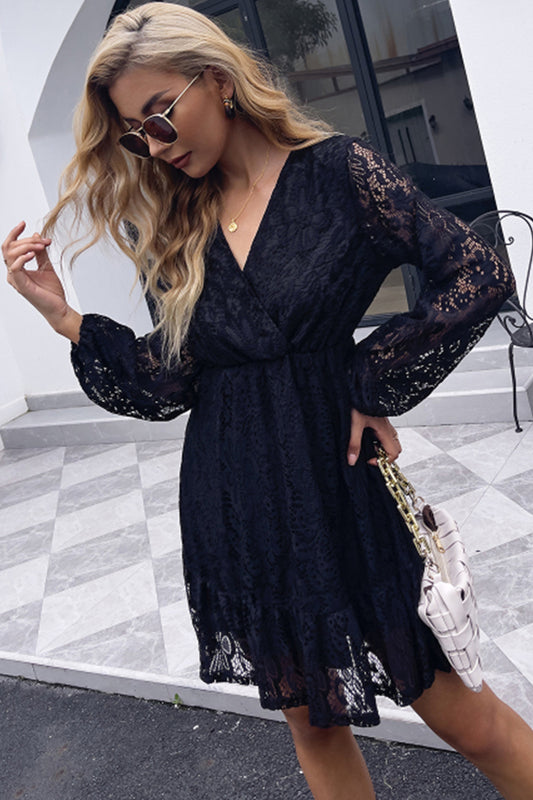 Women Sexy Black Lace High Waist long sleeved Dress