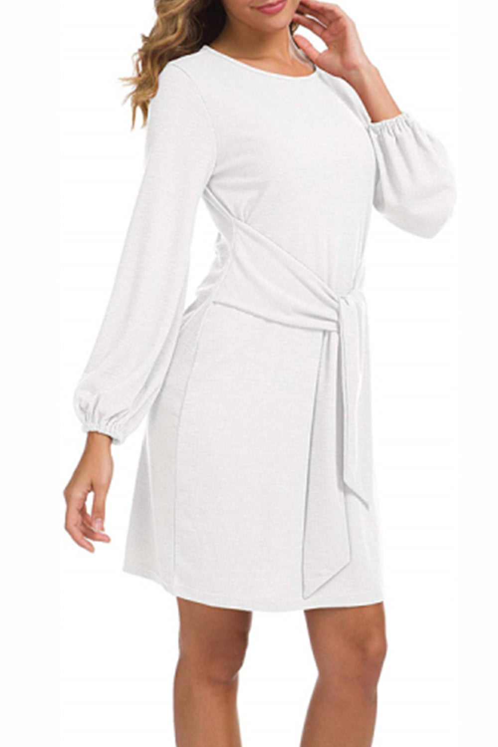 WOMEN LANTERN SLEEVE TIE WAIST KNIT SHORT DRESS