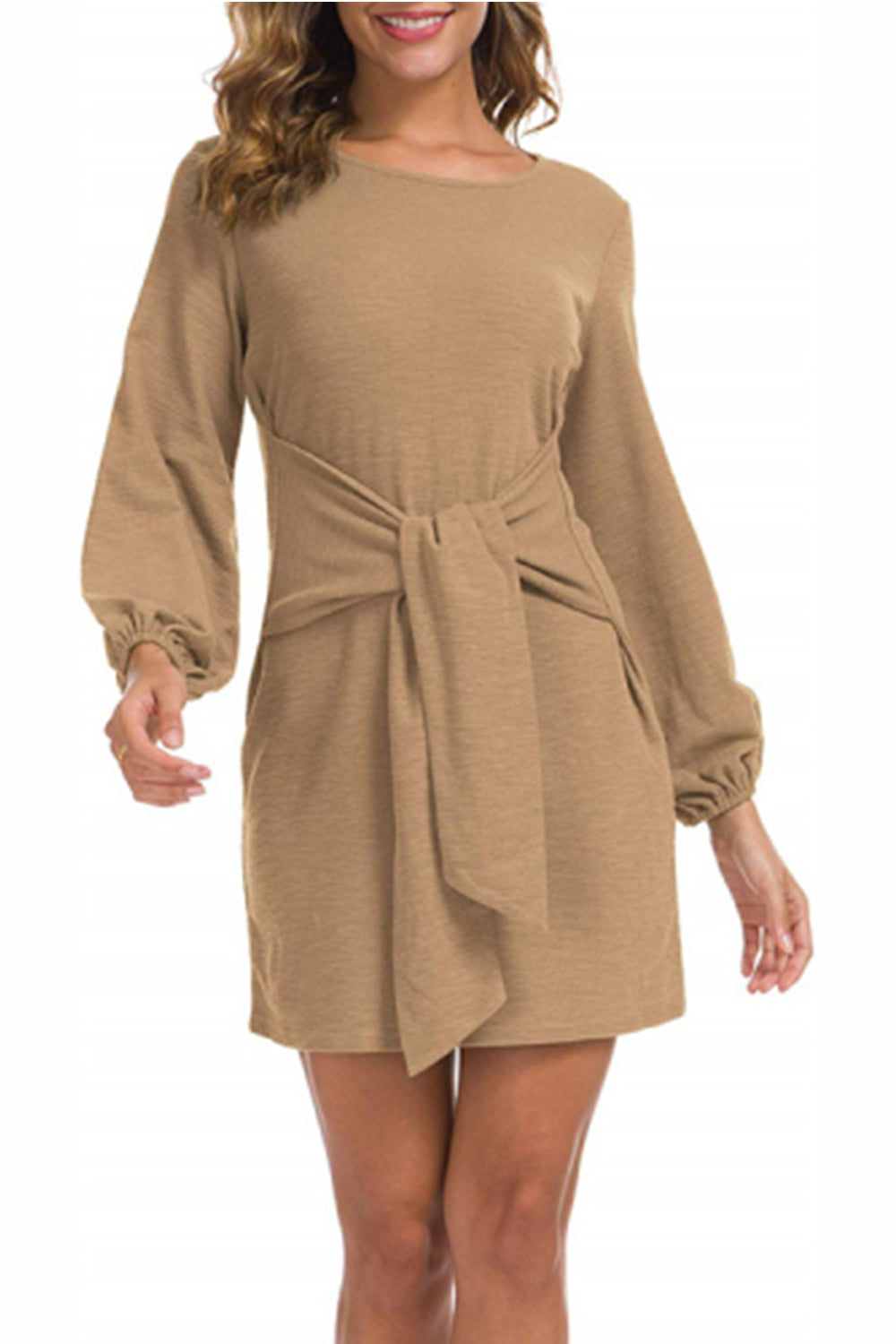 WOMEN LANTERN SLEEVE TIE WAIST KNIT SHORT DRESS