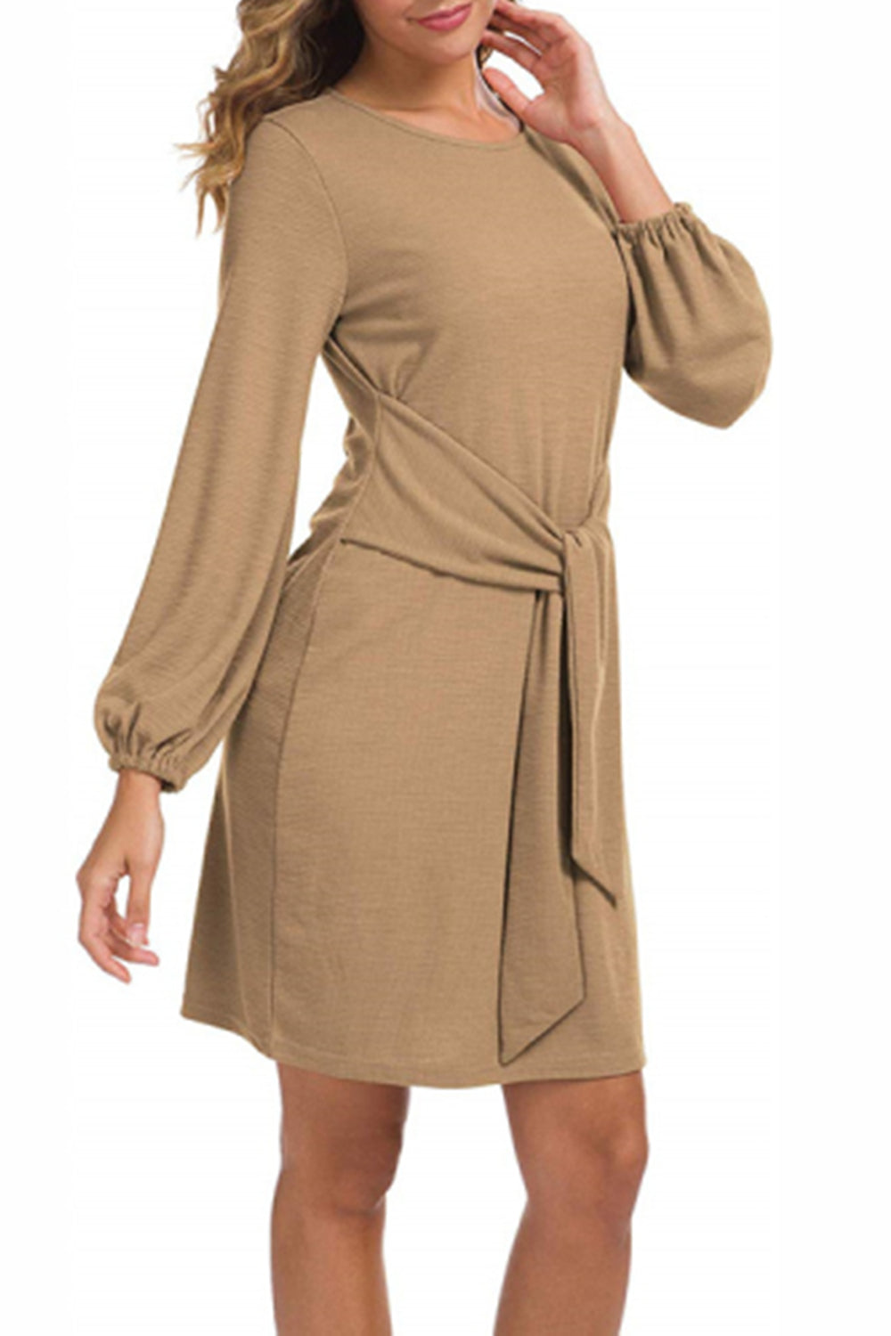 WOMEN LANTERN SLEEVE TIE WAIST KNIT SHORT DRESS