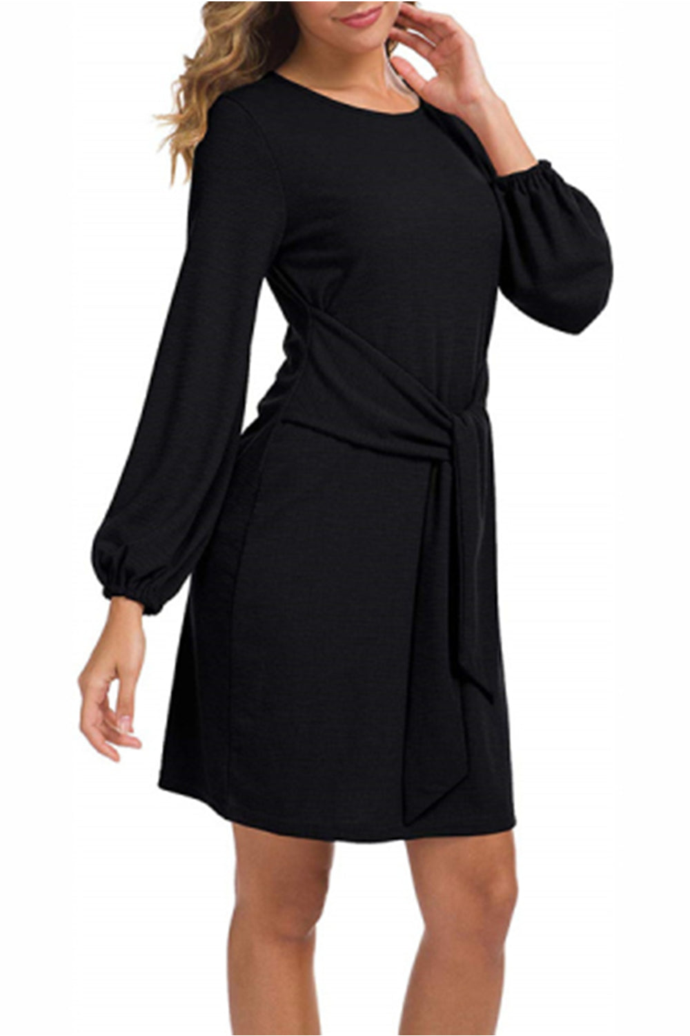 WOMEN LANTERN SLEEVE TIE WAIST KNIT SHORT DRESS