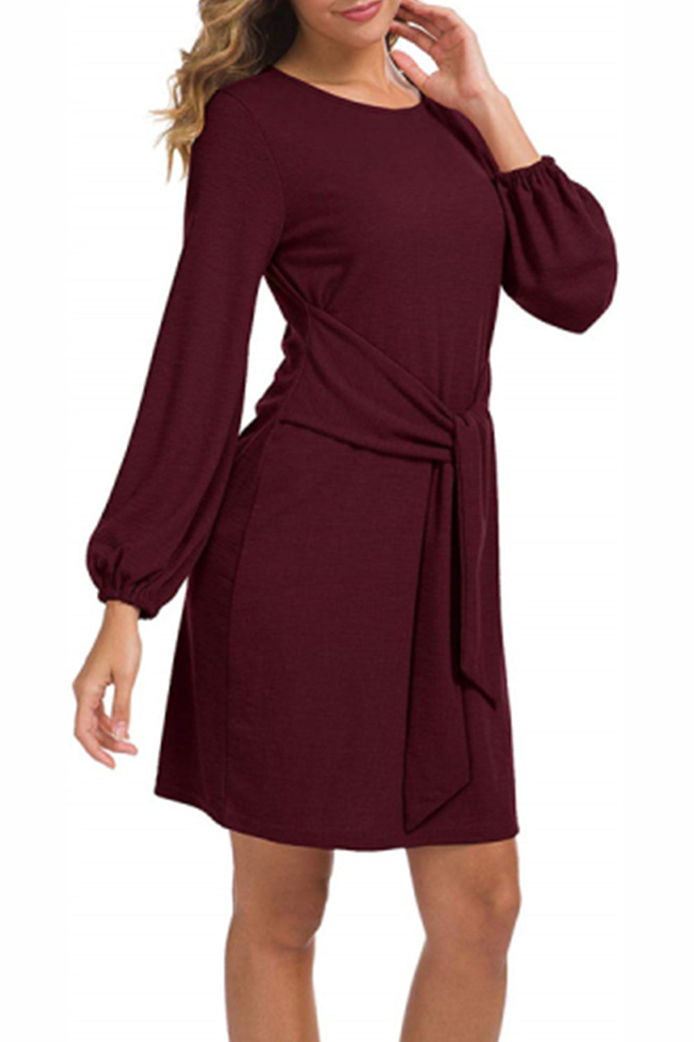 WOMEN LANTERN SLEEVE TIE WAIST KNIT SHORT DRESS