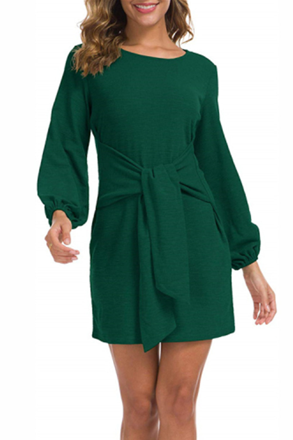 WOMEN LANTERN SLEEVE TIE WAIST KNIT SHORT DRESS