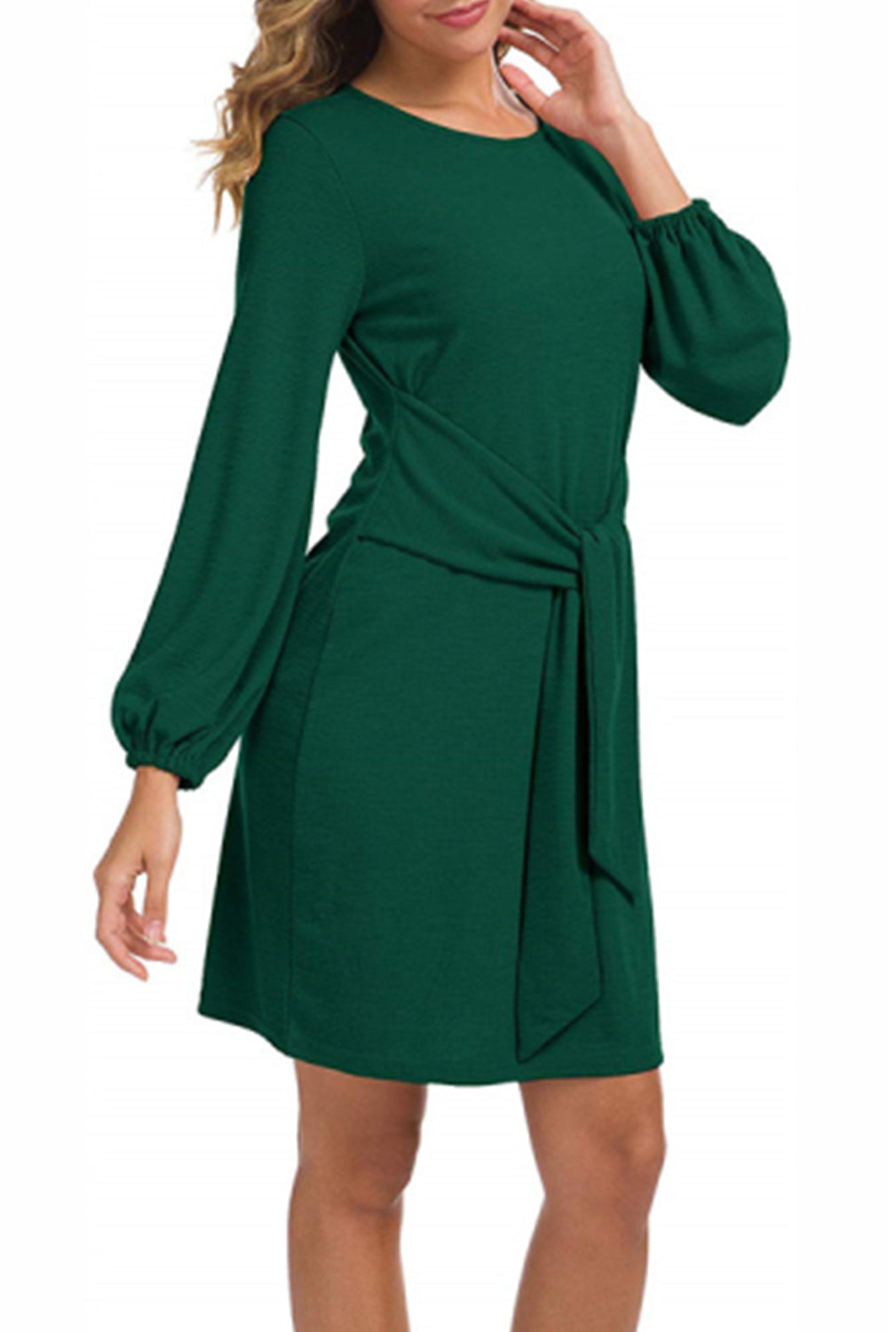 WOMEN LANTERN SLEEVE TIE WAIST KNIT SHORT DRESS