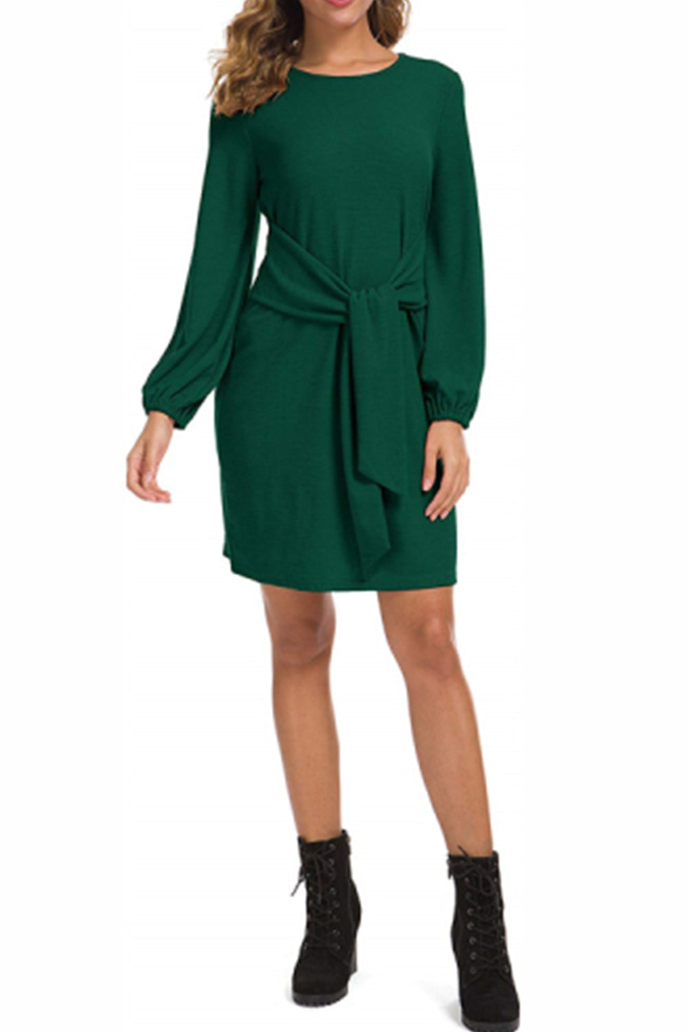 WOMEN LANTERN SLEEVE TIE WAIST KNIT SHORT DRESS