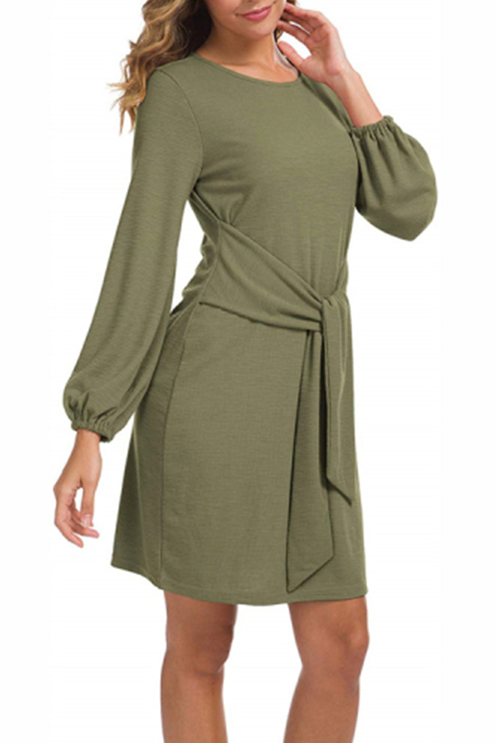 WOMEN LANTERN SLEEVE TIE WAIST KNIT SHORT DRESS