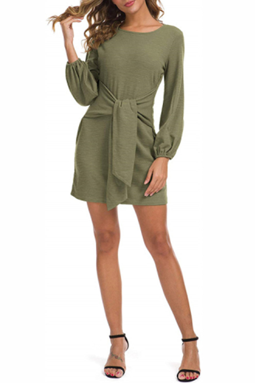 WOMEN LANTERN SLEEVE TIE WAIST KNIT SHORT DRESS