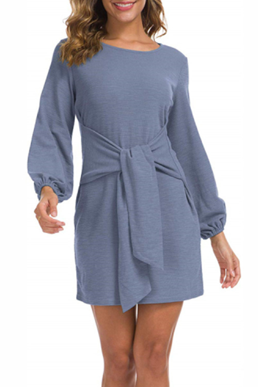 WOMEN LANTERN SLEEVE TIE WAIST KNIT SHORT DRESS