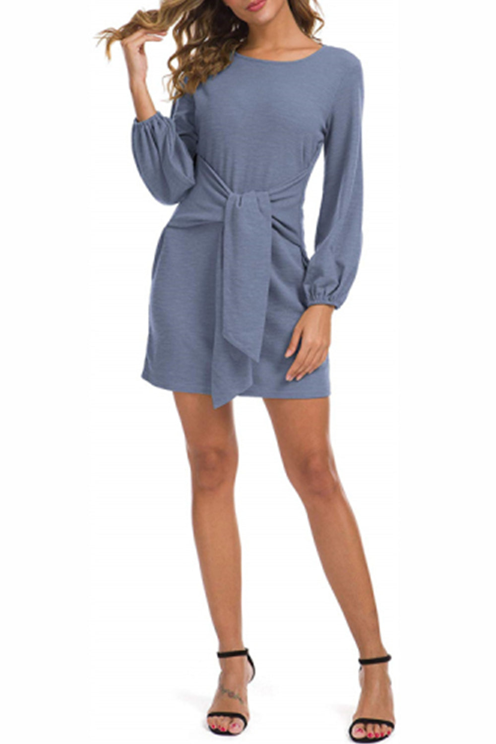 WOMEN LANTERN SLEEVE TIE WAIST KNIT SHORT DRESS