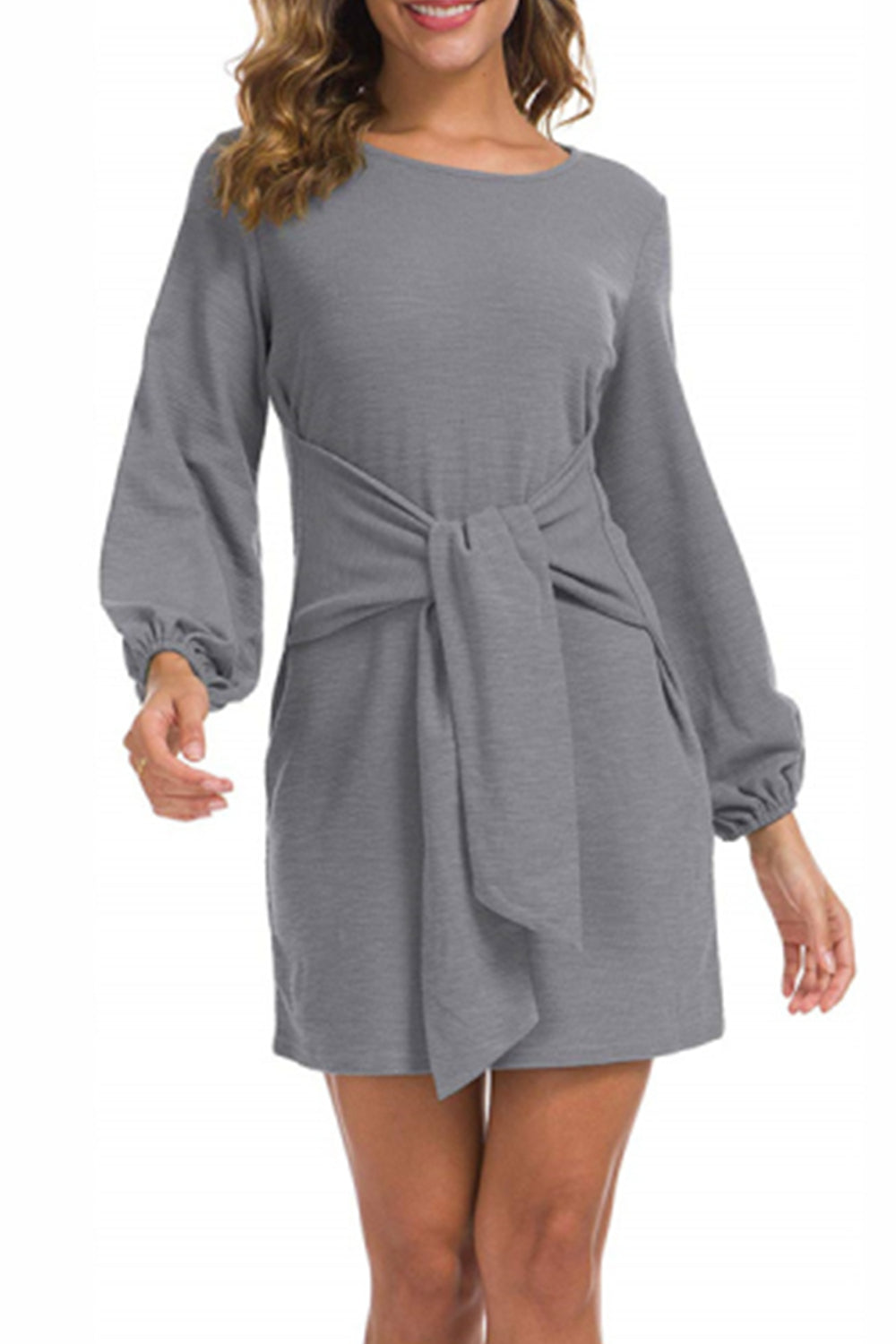 WOMEN LANTERN SLEEVE TIE WAIST KNIT SHORT DRESS