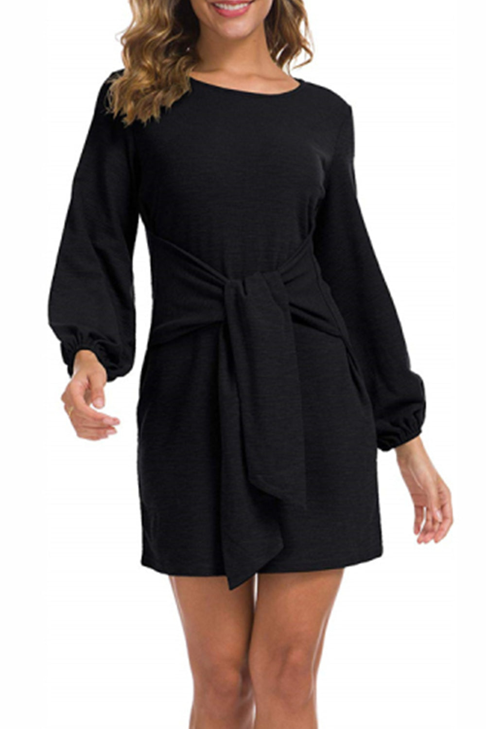 WOMEN LANTERN SLEEVE TIE WAIST KNIT SHORT DRESS