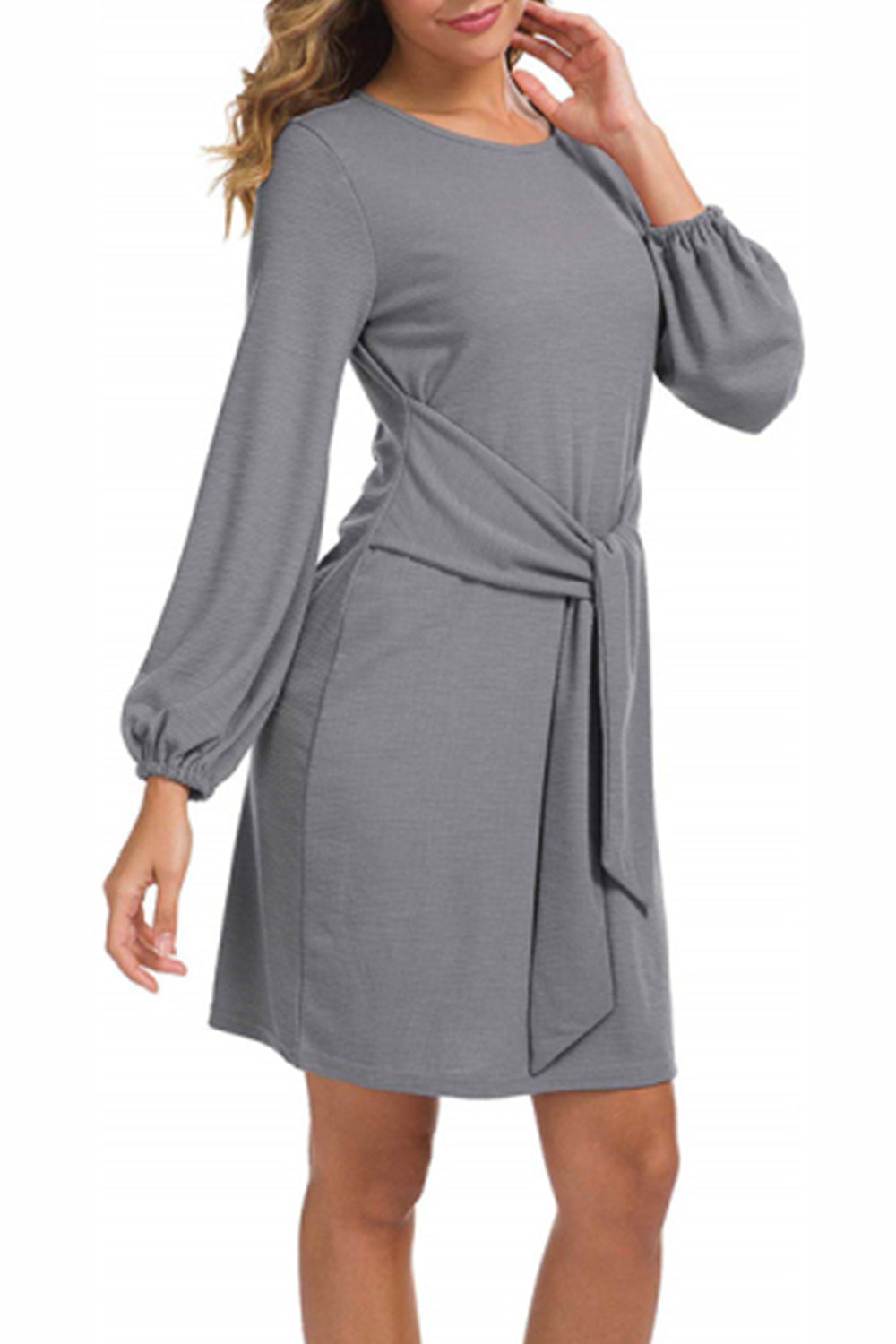 WOMEN LANTERN SLEEVE TIE WAIST KNIT SHORT DRESS