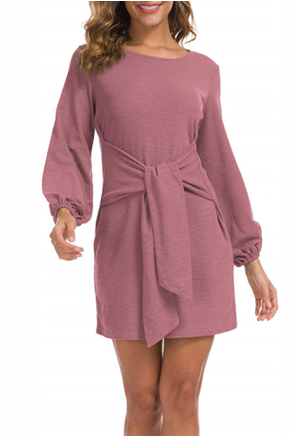 WOMEN LANTERN SLEEVE TIE WAIST KNIT SHORT DRESS