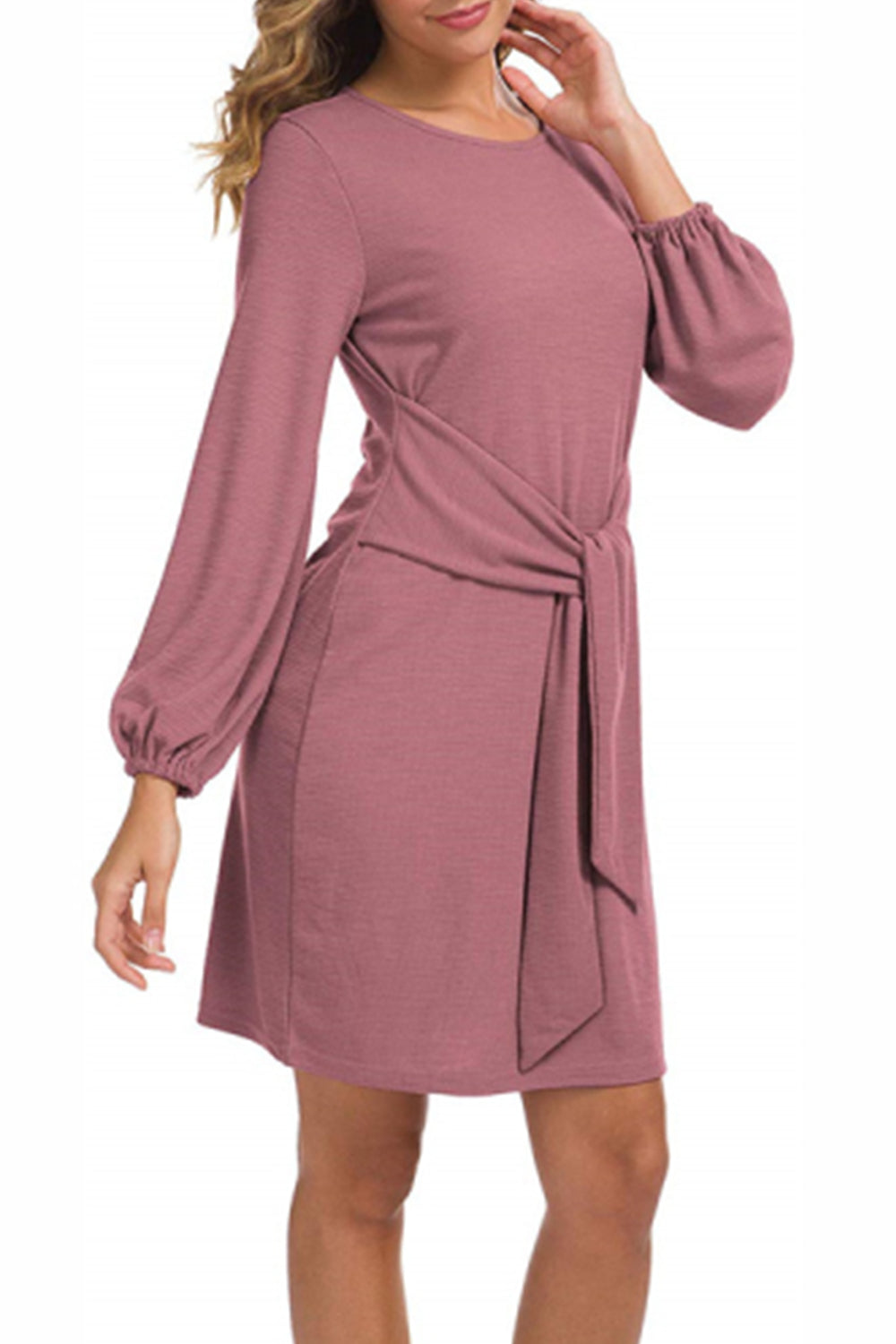 WOMEN LANTERN SLEEVE TIE WAIST KNIT SHORT DRESS