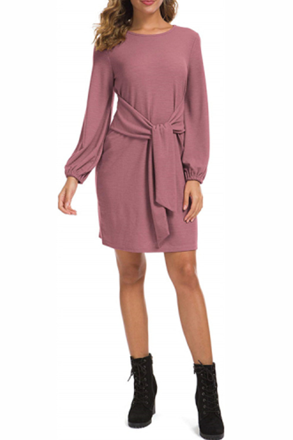 WOMEN LANTERN SLEEVE TIE WAIST KNIT SHORT DRESS