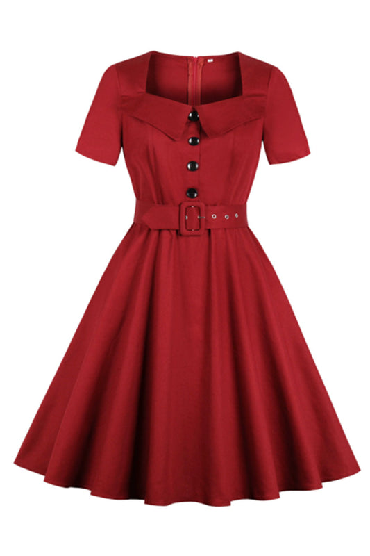 Short Sleeve Solid Color Belt Square Collar Dress