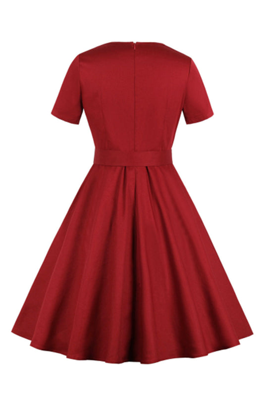 Short Sleeve Solid Color Belt Square Collar Dress