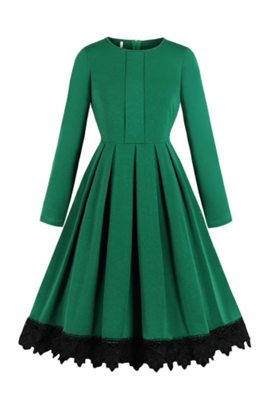 Women Long Sleeve Green Lace Christmas Vintage Dress