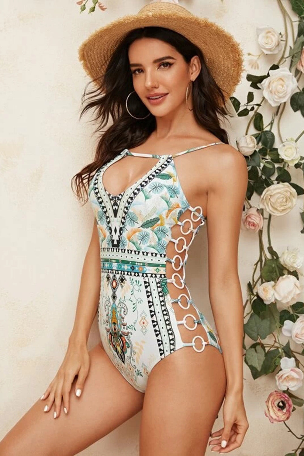 Tribal Print Ring Linked One Piece Swimsuit
