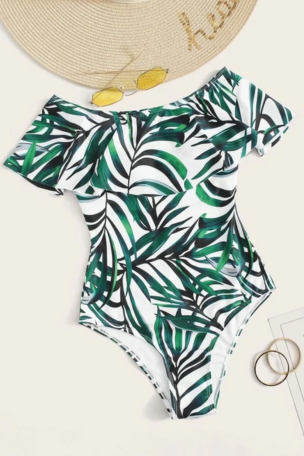 Tropical Ruffle Bardot One Piece Swimwear