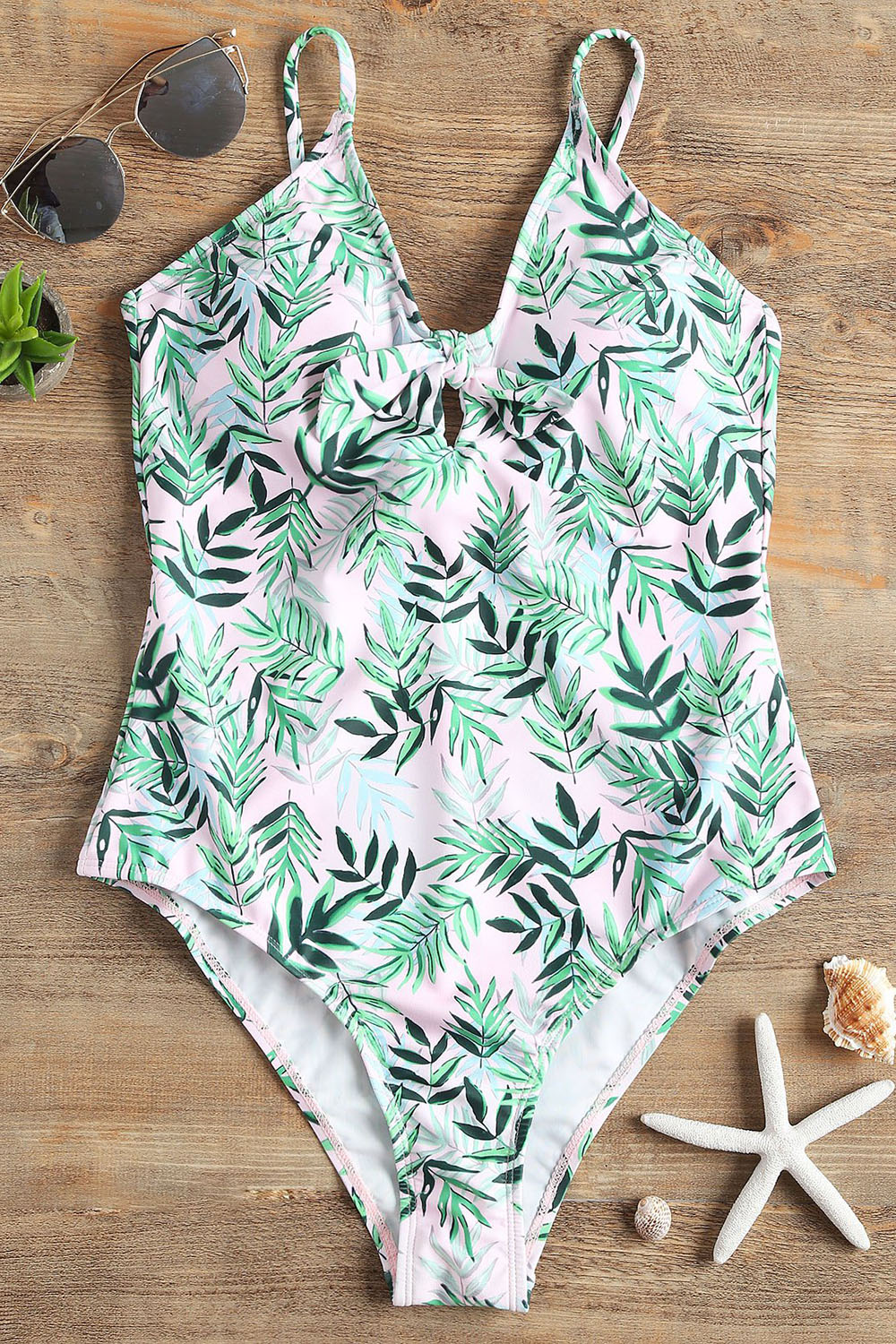 High Leg Leaves Pattern Swimsuit