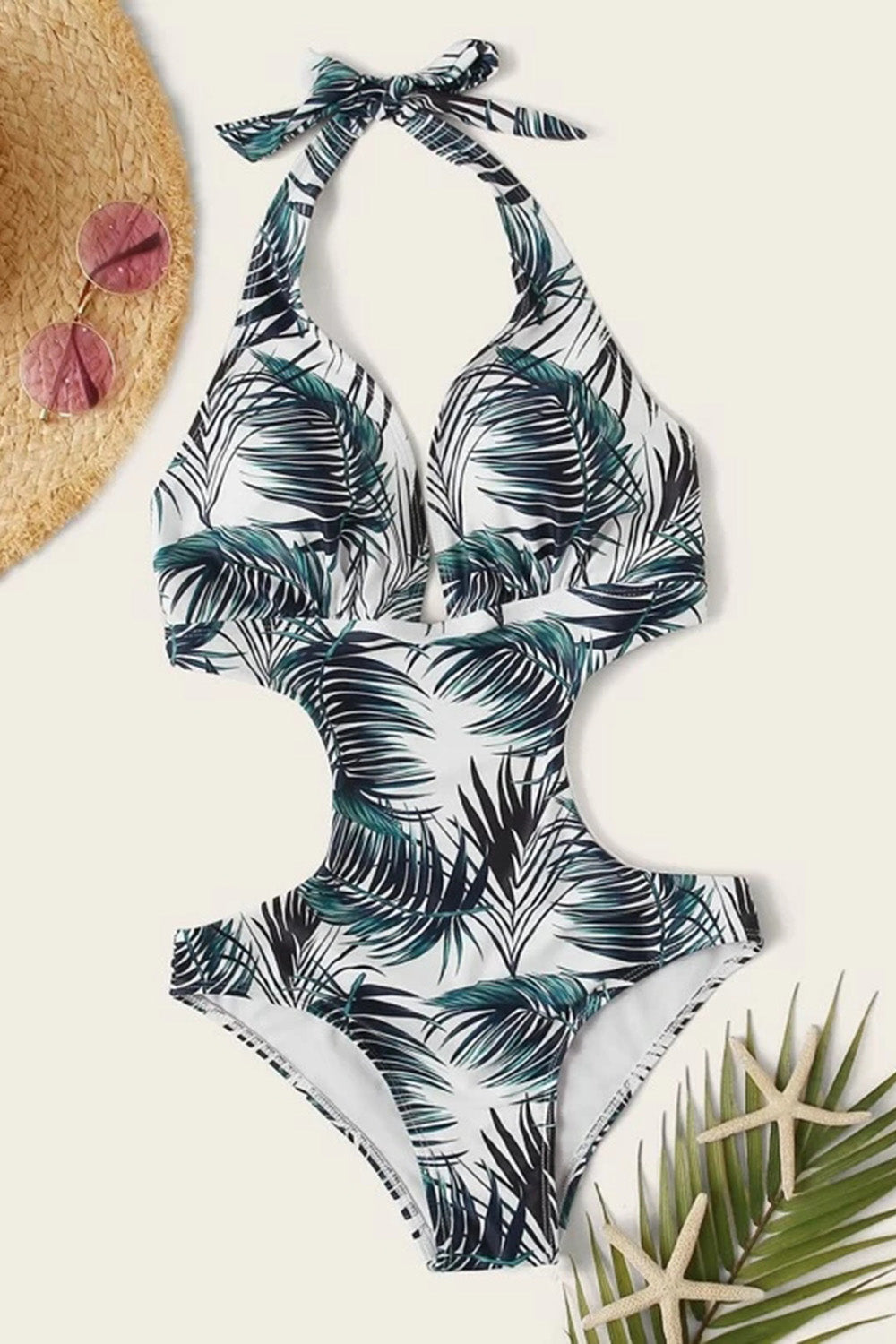 Tropical Print Halter Cutout One Piece Swimsuit