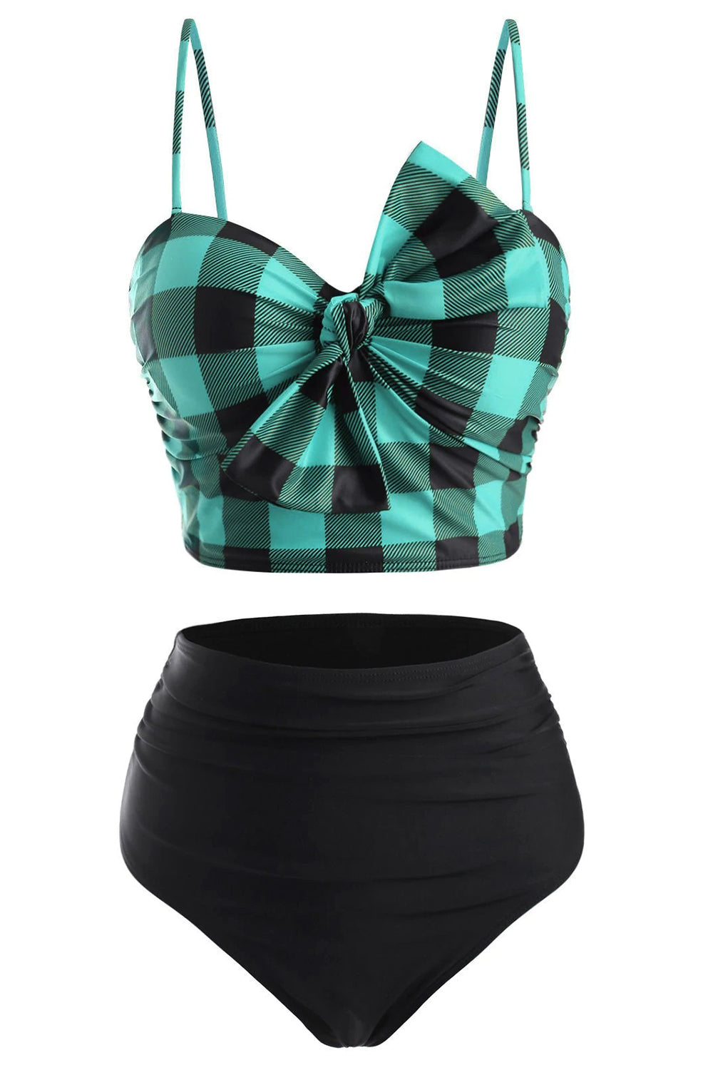 Plaid Bowknot Push Up Ruched Tankini Swimwear