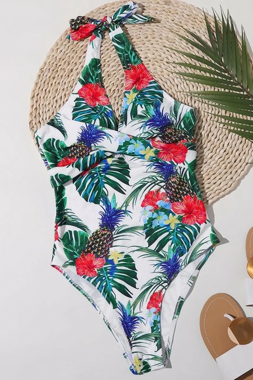 Tropical Random Print Twist Detail One Piece Swimsuit