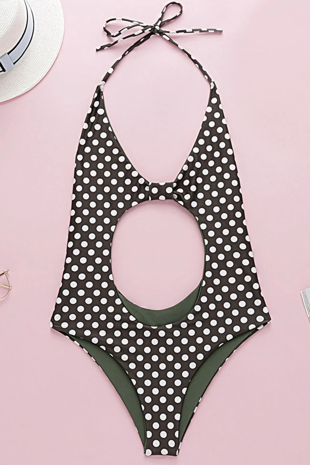 REVERSIBLE POLKA DOT LOW BACK CUTOUT HALTER ONE PIECE SWIMSUIT