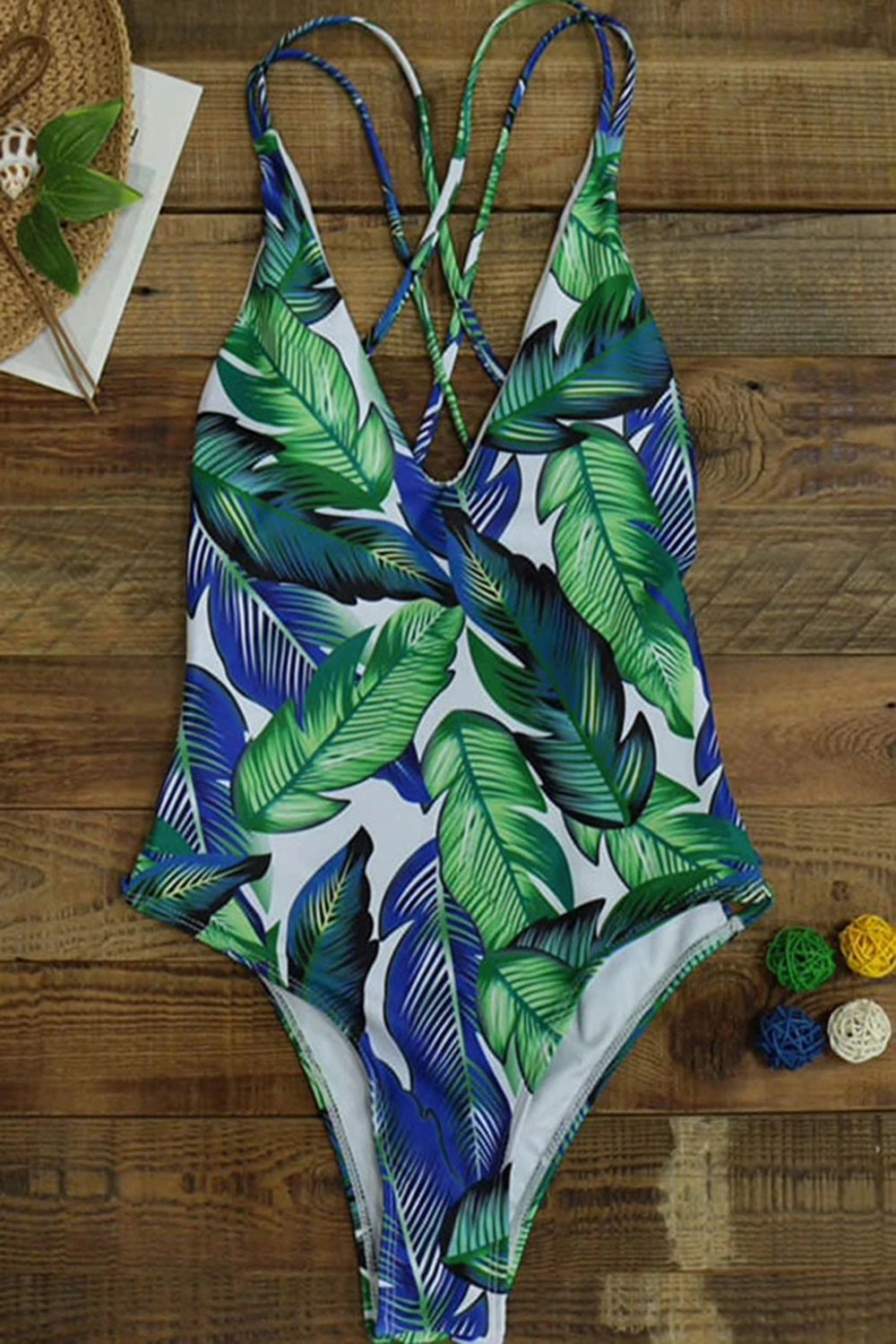 PALM LEAF CRISSCROSS STRAPPY BACK ONE PIECE SWIMSUIT