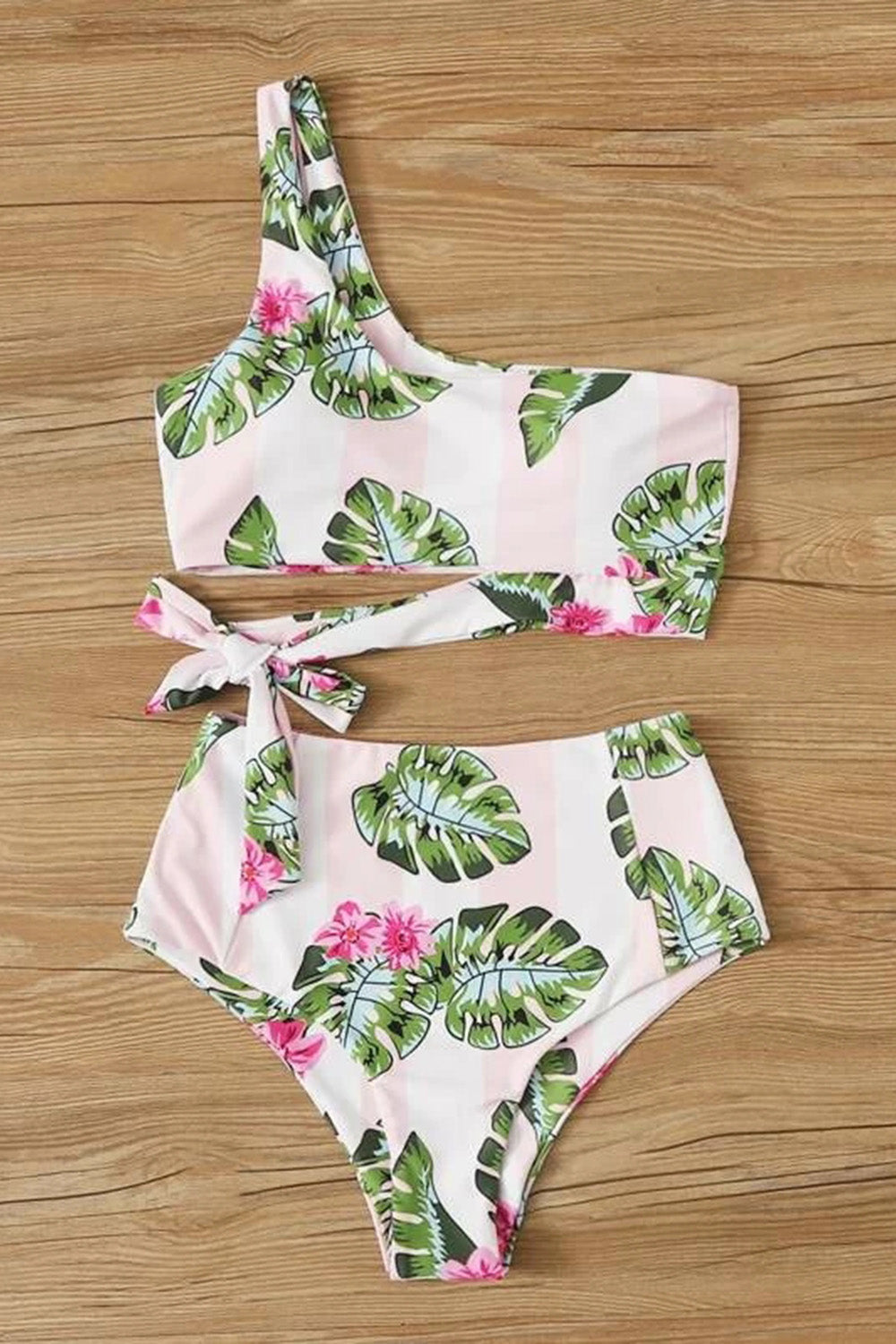 Tropical & Floral One Shoulder Tie Side Bikini Swimsuit