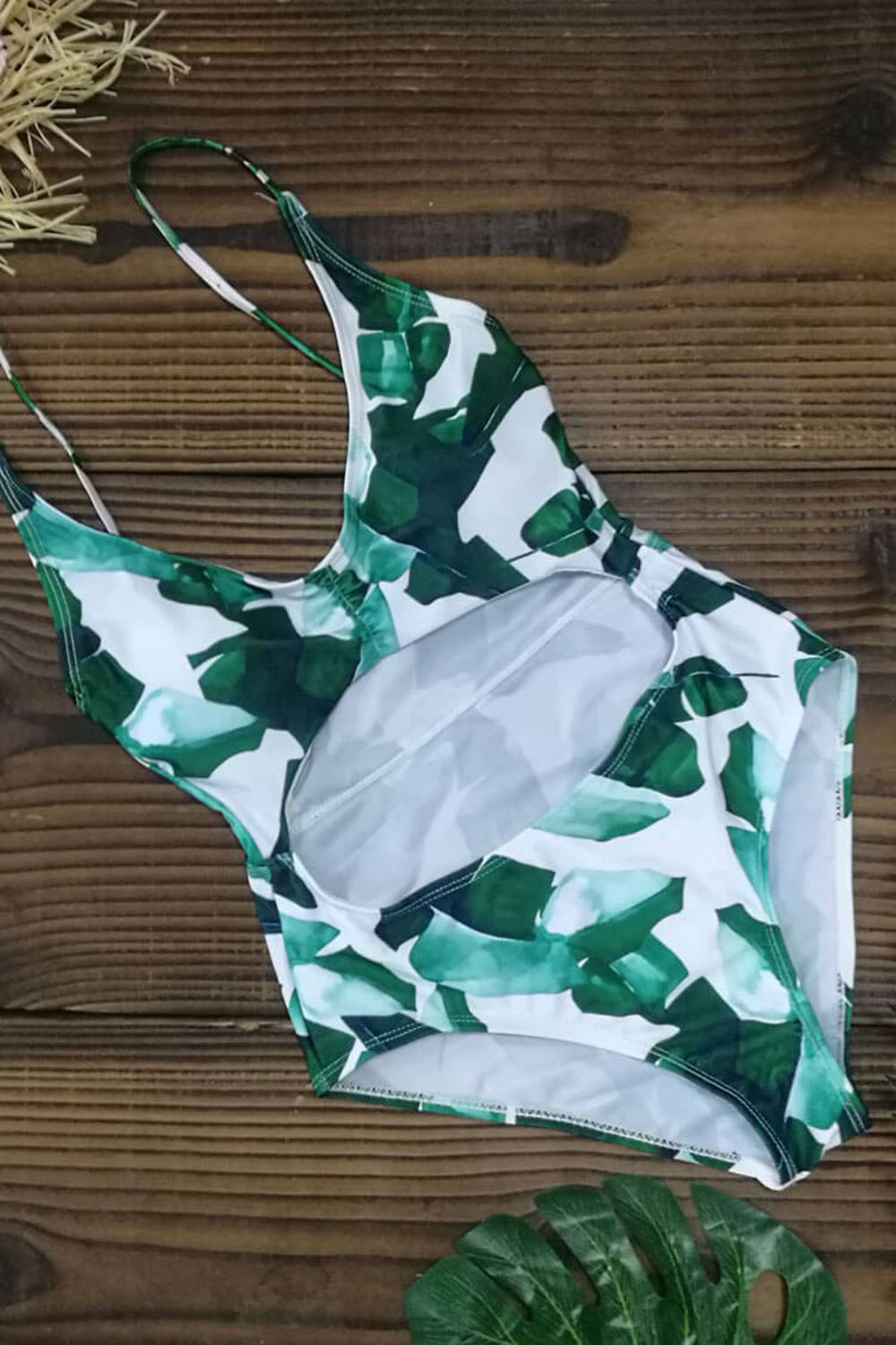 PALM LEAF CUTOUT FRONT TIE STRAP BACK ONE PIECE SWIMSUIT