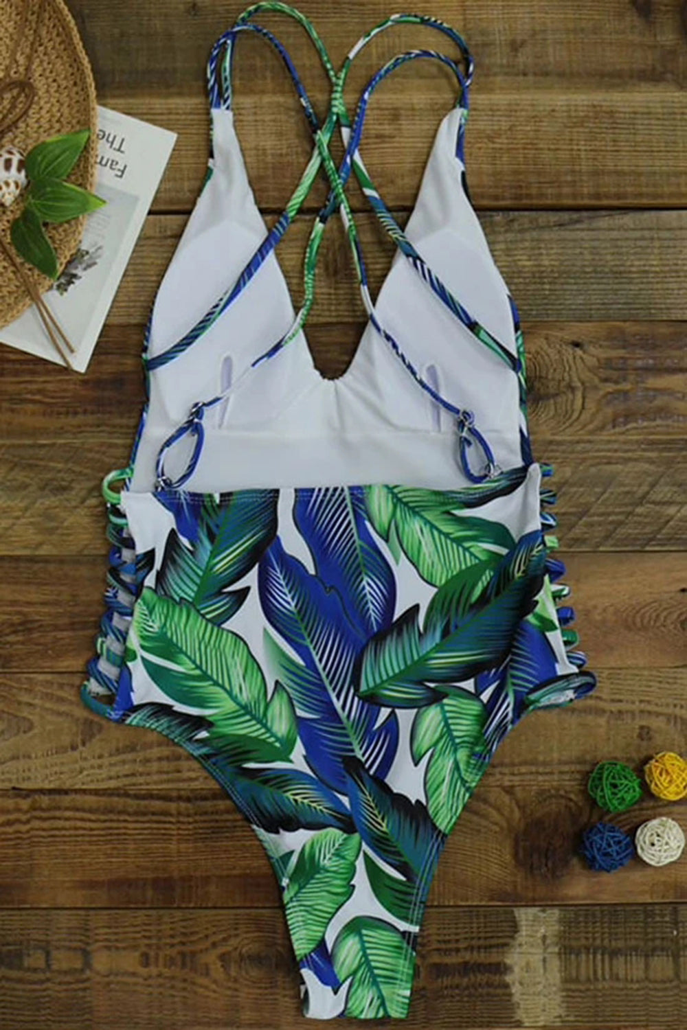 PALM LEAF CRISSCROSS STRAPPY BACK ONE PIECE SWIMSUIT