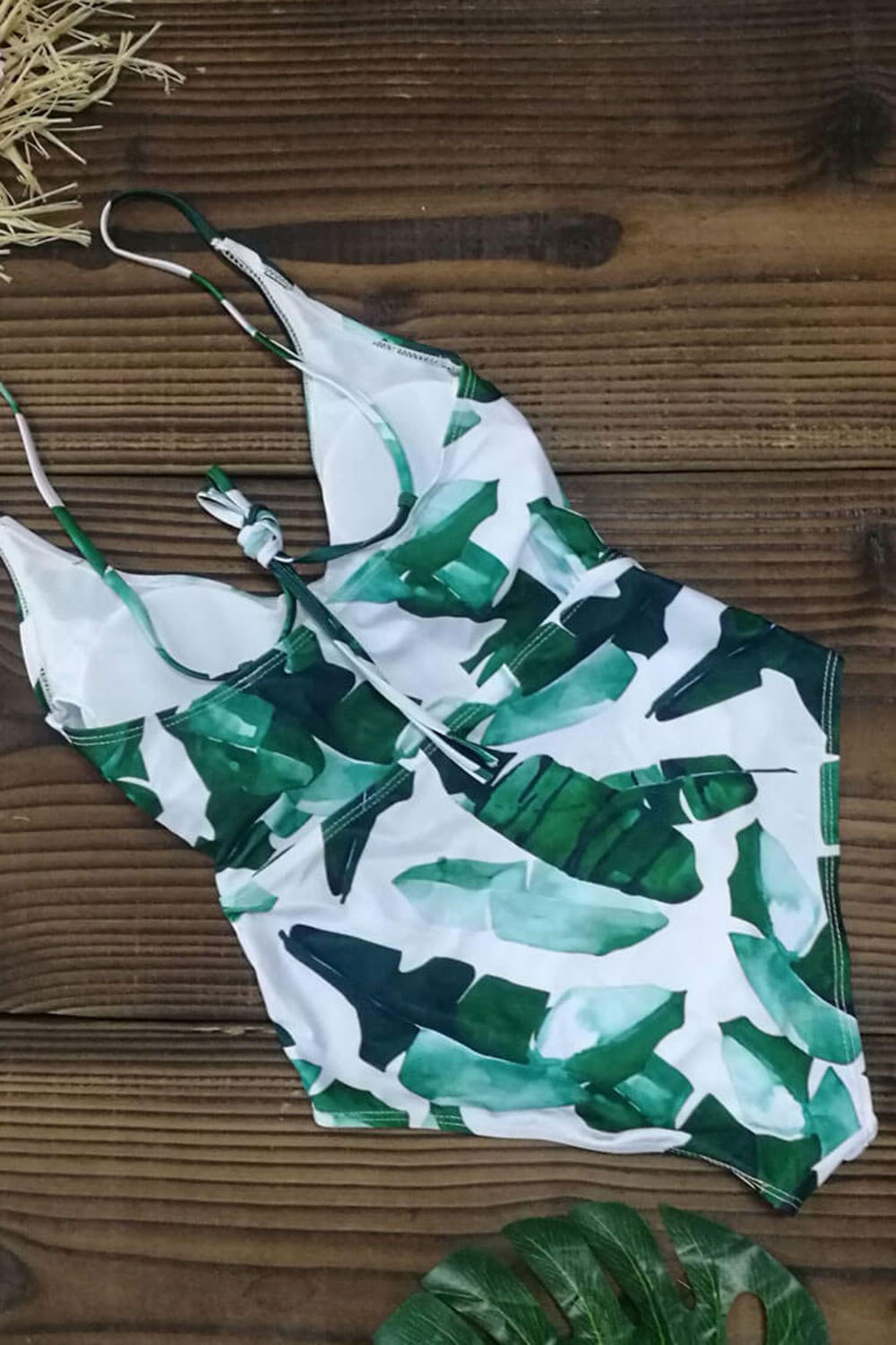 PALM LEAF CUTOUT FRONT TIE STRAP BACK ONE PIECE SWIMSUIT