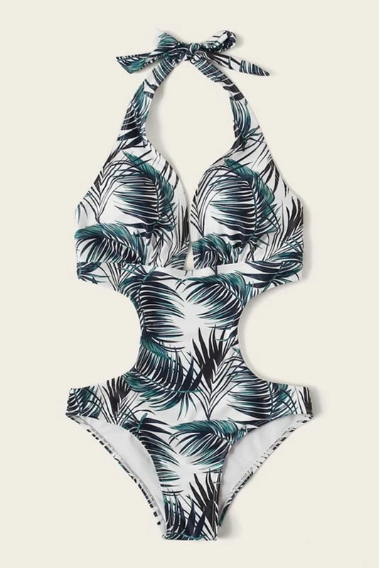 Tropical Print Halter Cutout One Piece Swimsuit