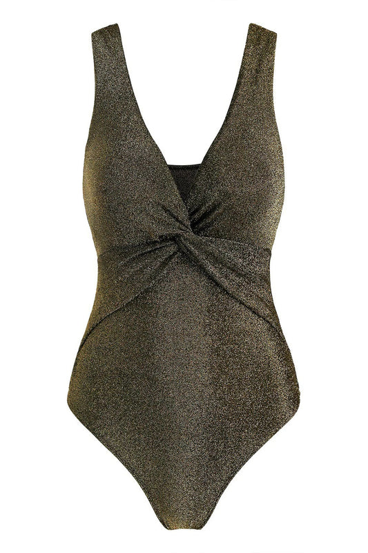 Twist-front Sparkly Metallic Thread One-piece Swimsuit