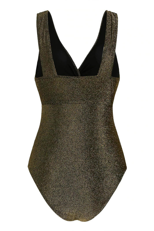 Twist-front Sparkly Metallic Thread One-piece Swimsuit