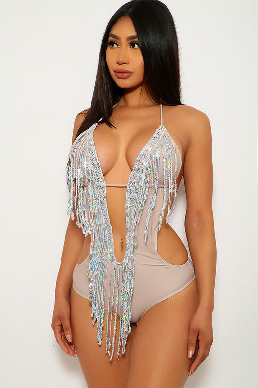 Khaki Silver Fringe Sequins Monokini