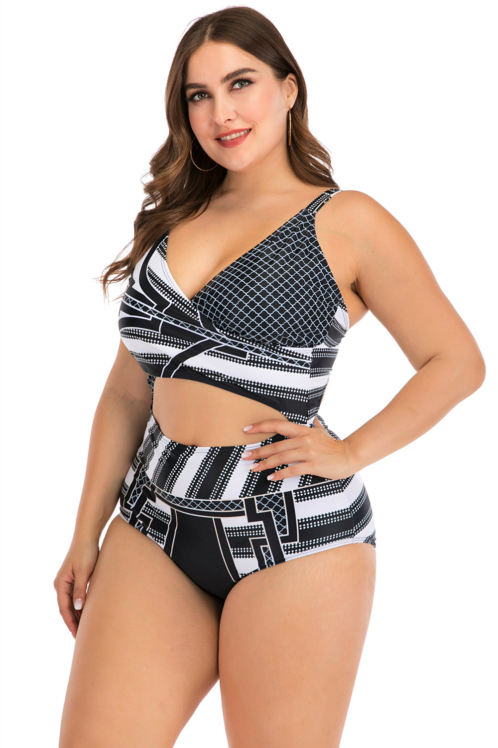 Plus Size Vintage Stripe V neck Bikini Swimsuit